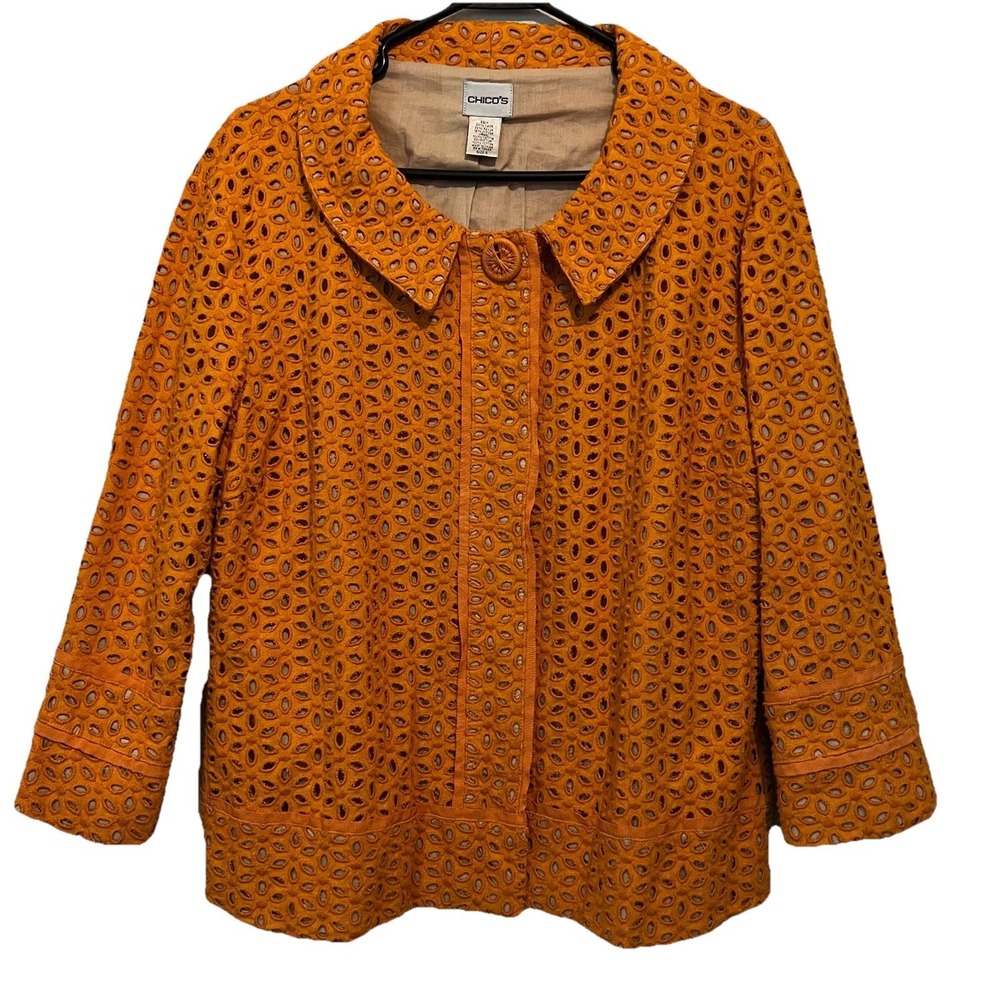 Chico's Orange Blossom‎ 3 Eyelet Linen Blend Jacket Coat Collared Floral Bright